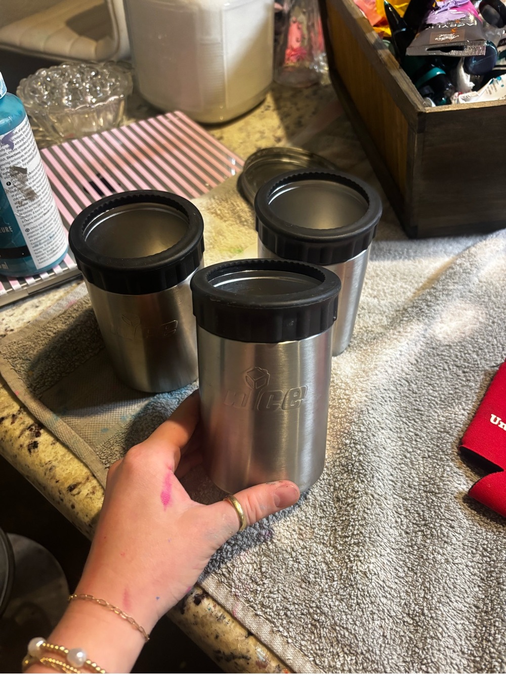 3 Ice Stainless Steel Can Cooler Set - Silver with Black Rim
